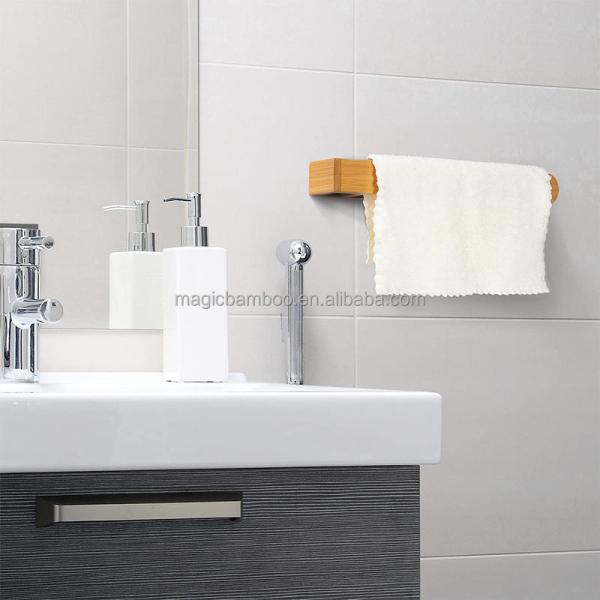 Self Adhesive Bathroom Storage Rack Bamboo Towel Rack Holder No Drilling