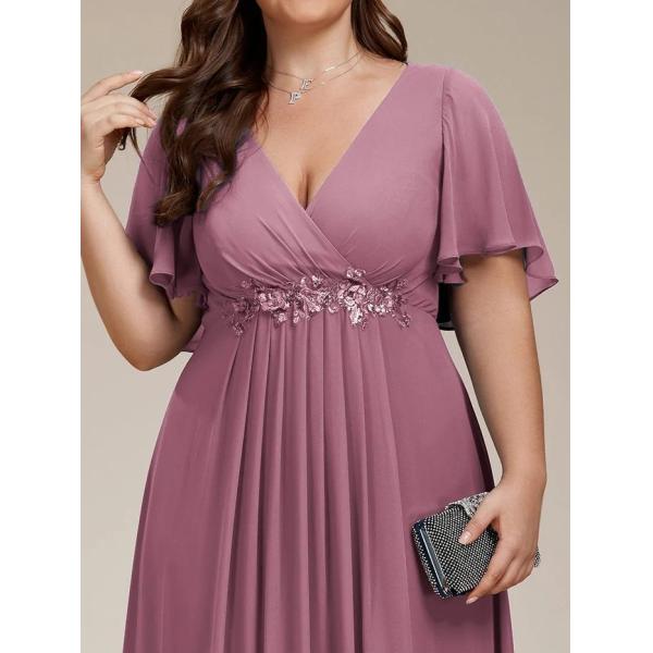 Sexy Empire Applique A-line Short Flutter Sleeves V-neck Invisible Zipper Purple Orchid Chiffon Bridesmaid Dress