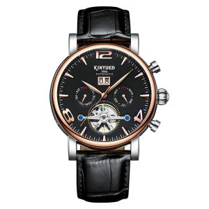 J030-4 KINYUED Mens Automatic Mechanical Watch Tourbillon Leather Waterproof