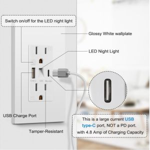Wall Mounted Electrical Night Light Usb Outlet Tamper Resistant 5V 4.8A