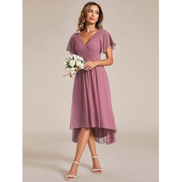 Chic V-neck High-low Short Flutter Sleeves A-line Ruffles Midi Invisible Zipper Purple Orchid Chiffon Cocktail Dress