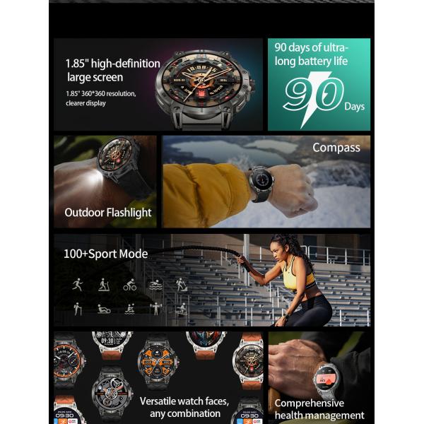 1.85" Rugged Smart Watch Touch Screen Bluetooth Calling Flashlight Compass