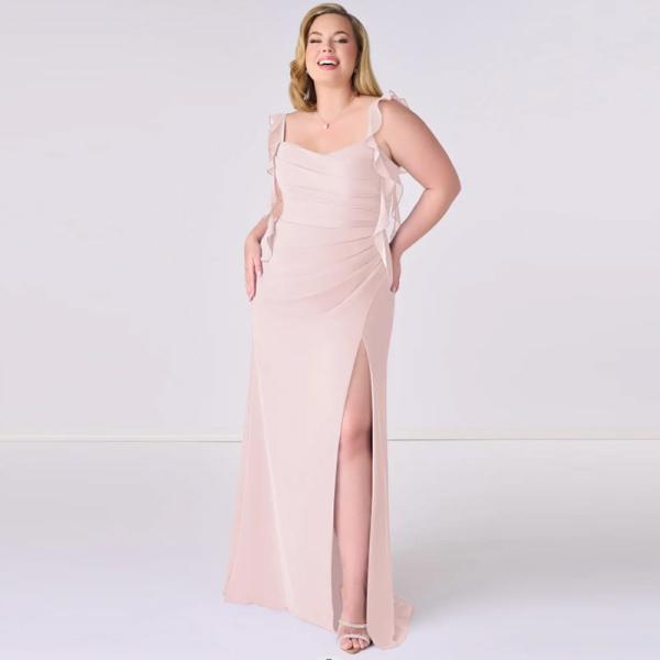Perfect Chiffon Long Mermaid Bridesmaid Dress Sweetheart Floor-Length Ruffles Front Split Slit Spaghetti Straps Backless