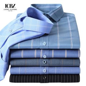 Men's Plaid Stripe Bamboo Business Casual Anti-Wrinkle Shirt Covered Button