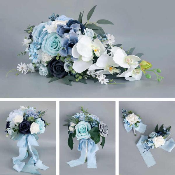 Ice Blue Rose Bride Holding Flowers Bridesmaid Bouquet Wedding Corsage Wrist Flower Wedding Artificial Flowers