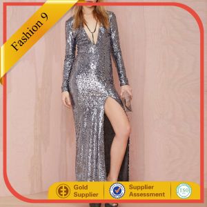 New Designed Long Sleeve Sequined Maxi Dress with High Split