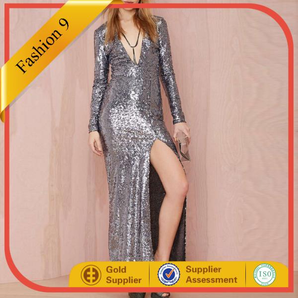 Buy New Designed Long Sleeve Sequined Maxi Dress with High Split at wholesale prices