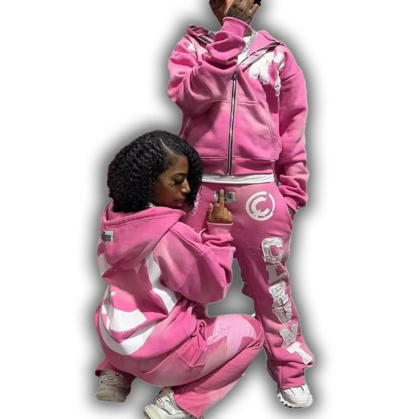 Buy Custom Zip up Sweatsuit Acid Wash Applique Patch Embroidery Distresses Hoodie Jogging Tracksuit Flared Sweatpants and Hoodie Set at wholesale prices