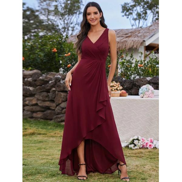 Unique High-low Ruffles V-neck Waist Pleating Two Straps Burgundy Chiffon Pleated Lotus Leaf Sleeveless Prom Dress