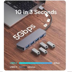High Speed 4 Port USB 3.0 HUB 5Gbps USB C Portable With Power Adapter for PC Mac
