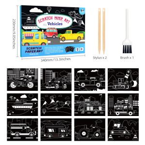 12 Pieces Vehicle Scratch Paper Art Set Colorful Black Drawing Boards