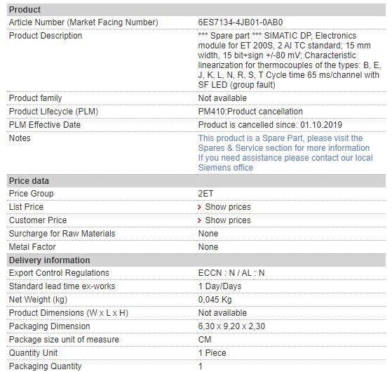 6ES7134-4JB01-0AB0 6ES7 134-4JB01-0AB0 Siemens Analog Input Module