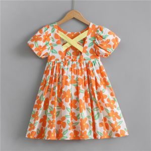 Girls Puff Sleeve Dress Short Sleeve Cotton Dress Summer Children's Clothing