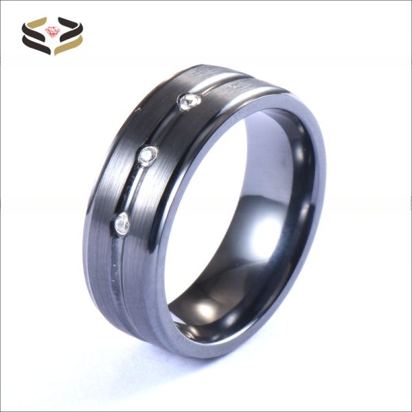 8mm Black Zirconium Ring with Silver CZ Diamond Stones Inlaid Single Groove Men's Wedding Band Plating Color N/A
