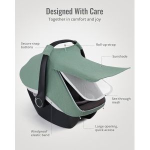 Roman Green Muslin Cotton Baby Car Seat Cover with Mesh Window
