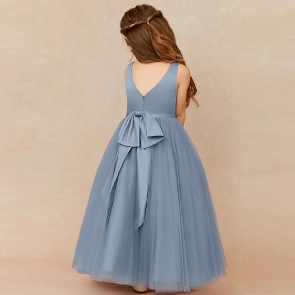 New Design Blue Tulle Flower Girl Dress Children's Dresses Gown V-neck Customized Sleeveless