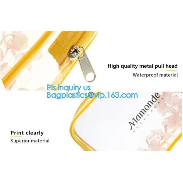 Trendy transparent PVC makeup bag with nylon handle, pvc hanging travel cosmetic makeup zipper bag, travel makeup organi