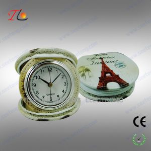 New portable and folding 3D flower printing PU Paris travel alarm clock for