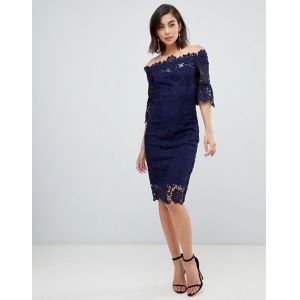 China custom make off shoulder  frill sleeve navy crochet dress on sale
