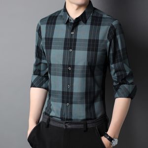 Knitted Broadcloth Plaid Shirts Polyester Viscose And Cotton Casual Shirt Long
