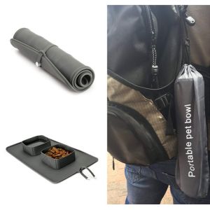 Double Collapsible Dog Bowls Travel Portable With Silicone Mat