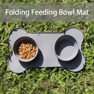 Portable Silicone Collapsible Double Dog Bowl Tray For Feeding