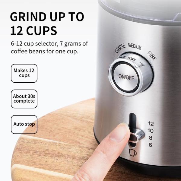 Fine Coarse Custom Coffee Grinder Auto Stop 6 - 12 Cups Easy Clean