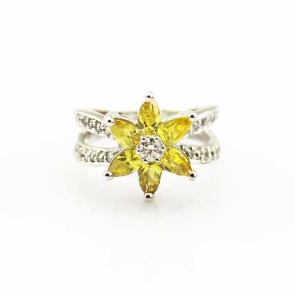 Designer Jewelry Sterling Silver with Yellow Cubic Zircon Flower Gemstone Ring (R0012)