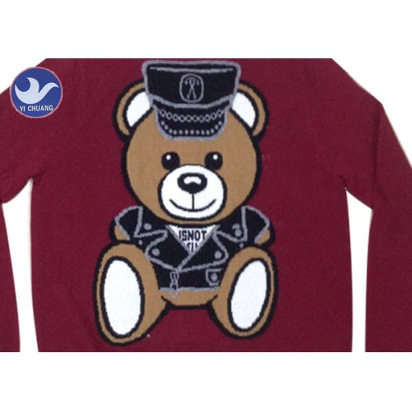 Teddy Bear Intarsia Womens Knit Cardigan Sweater Buttons Up Crew Neck