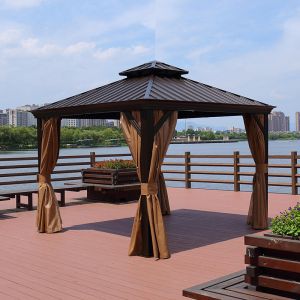 Metal Roof Gazebo With Mosquito Nets Polycarbonate Double-Roof Canopy