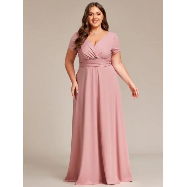 Simple Plus Size V-neck Empire Waist A-line Short Sleeve Zipper Burgundy Chiffon Evening Dress