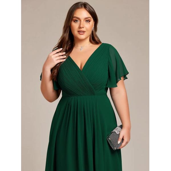 Empire Plus Size V-neck High-low A-line Short Sleeve Ruffled Dark Green Chiffon Wedding Guest Evening Dress