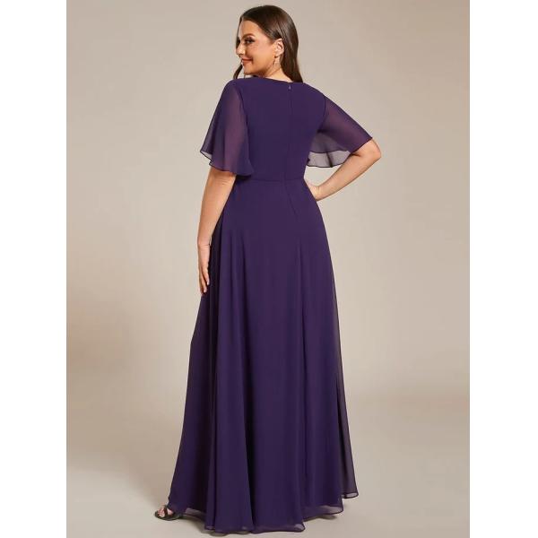 Sexy Empire Applique A-line Short Flutter Sleeves V-neck Invisible Zipper Dark Purple Chiffon Bridesmaid Dress