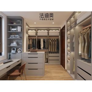 Modern And Functional Grey Walk-In Closet With Multiple Storage Solution