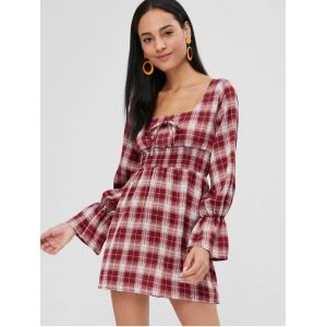 Womens Apparel Square Neck Checked Mini Empire Waist Dress