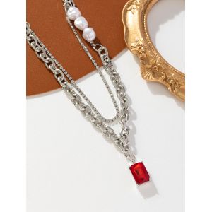 Fashion Red Square Stone Necklace Double Layer Pearl Chain Necklace For Women