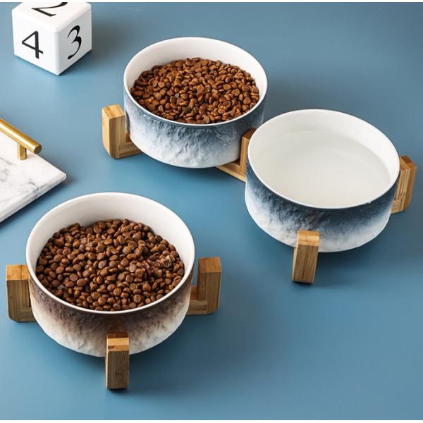 Ceramic Dog Bowl Non Slip Wood Stand For Small Medium Pet