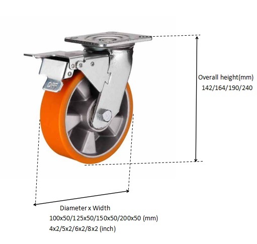 Unite brand 4-8 inch Swivel aluminium core PU wheel for heavy duty caster with total brake rotating castors