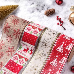 Quality Ready made printed ribbon Christmas tree decoration ribbon wired burlap Christmas ribbon for sale