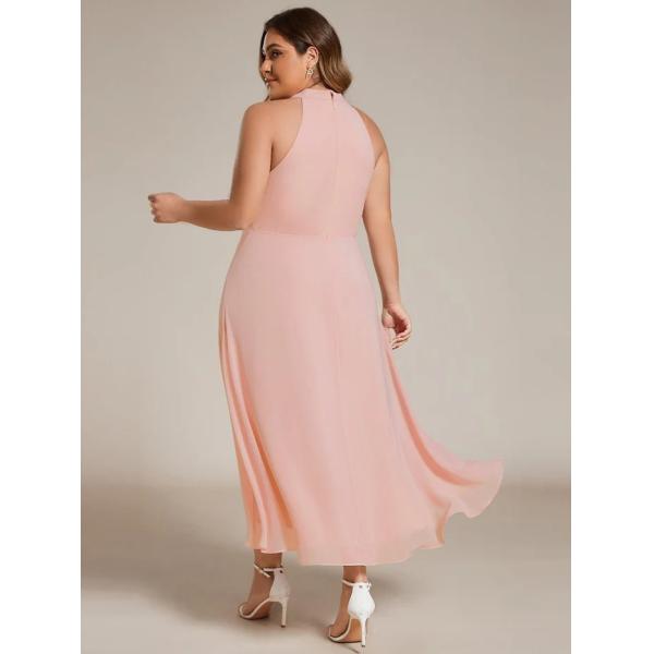 Tea-length A-line Sleeveless Halter Neck Wedding Guest Dress Pink Chiffon Cocktail Dresses