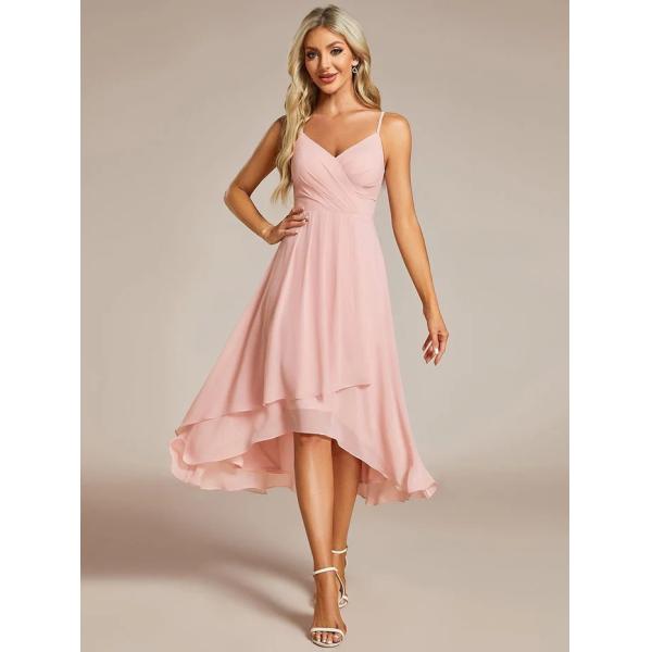 Elegant V-neck Spaghetti Strap High-low Chiffon Wedding Guest Dress Pink Cocktail Dresses