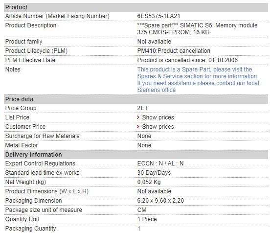 6ES5375-1LA21 6ES5 375-1LA21 Siemens Memory Module