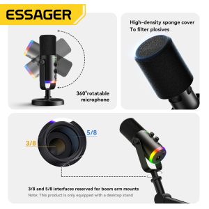 ESSAGER YU7 USB C Wired Live Streaming Podcast Gaming Microphone Type C 3.5mm