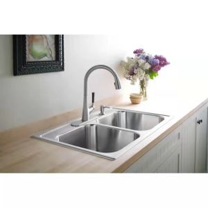 Four Holes Deep Stainless Steel Double Bowl Sink Self Rimming