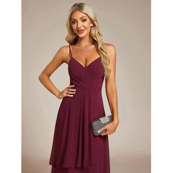 Sexy Elegant V-neck Spaghetti Strap High-low Chiffon Wedding Guest Dress Burgundy Cocktail Dresses