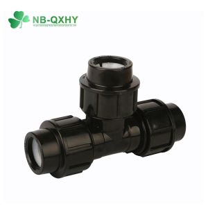 PP Compression Fitting Straight Tee for Black Color Pipe Equal Connection Flow