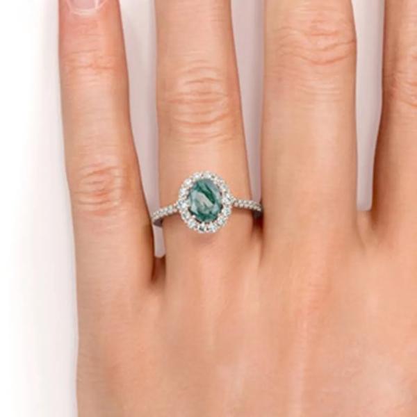 Unique S925 Rose Gold Plated Round Cut White CZ Jewelry Natural Moss Agate Rings