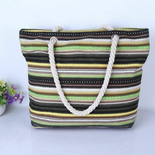 Beautiful Casual Stripes Beach Bag With Shoulder Strap Rope Organizer Promotiona