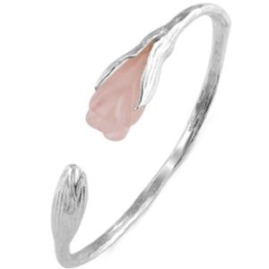 Handcraft Sterling Silver Cuff Bracelet with Sculpted Rose Quartz Gardenias
