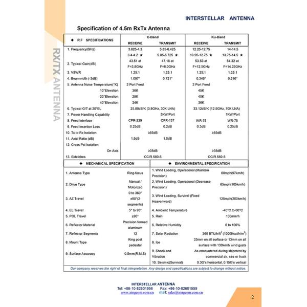 InterStellar 4.5m Ku band Rx TX Satellite Antenna / Uplink Station 4.5m Antenna/4.5m Dish